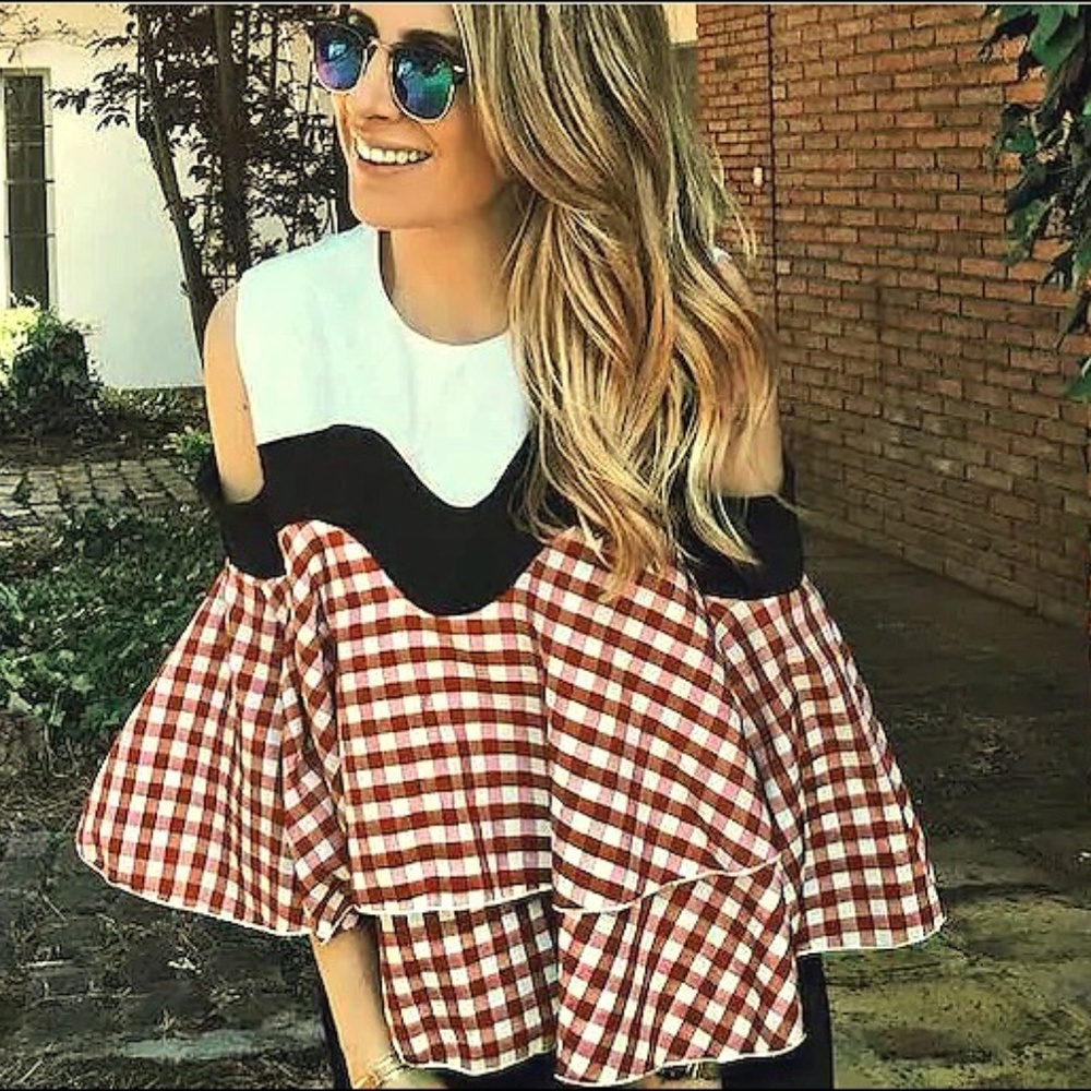 Plaid open shoulder ruffle top NWT!